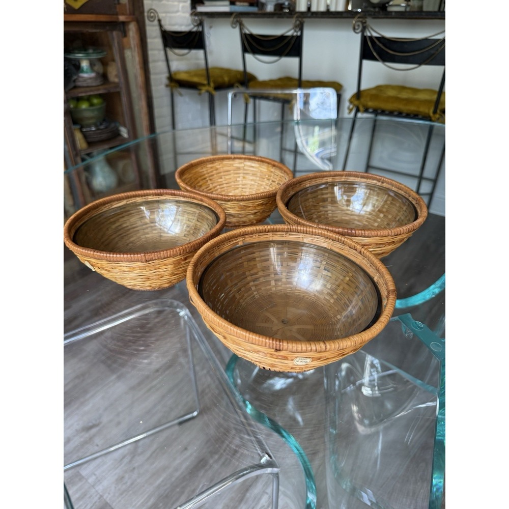 Set of 4 Vintage Rattan Wicker Snack Salad Bowls with Plastic Inserts Tiki Boho